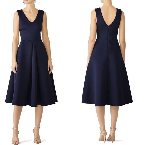 Slate & Willow Dress Women Medium Navy Blue Scuba Knit Pleated Party Fla… - Picture 1 of 12